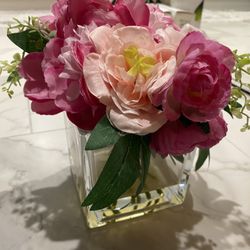 Faux Pink Flowers Arrangement In Glass Vase 