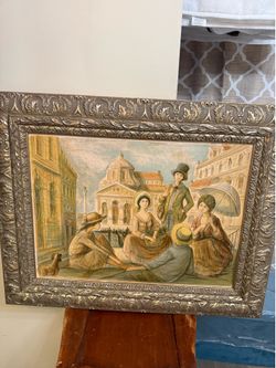 A painting in a bronze-finished wooden frame, 34 by 27 inches.