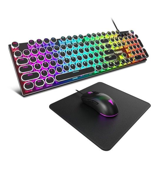 Typewriter Mechanical Gaming Keyboard and Mouse Combo, Rainbow RGB Backlit Wired Keyboards with Blue Switches Round Keycaps Media Control Knob for PC 