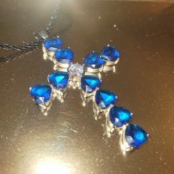 18kt GP  2.75" Blue Sapphire Cross Necklace
