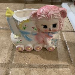 Vintage Rubens Nursery Planter 3162 Pink Bear On Bottle Train Japan 1950’s 