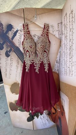 Gold Lace Red Prom Dress