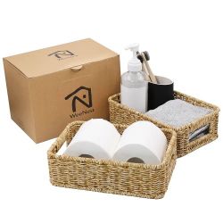 Baskets for Organizing, Small Wicker, Storage Bins for Bathroom and Toilet Paper Rolls, Hand Woven Tank Topper with Handle, Set of 2, Oat Milk