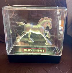 1982 Bud Light silver Clydesdale light-up display acrylic box.