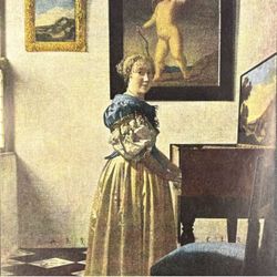 Johannes Vermeer Lady at a Spinet Original Vintage Fine Dutch Art Print 1930’s USA Printed Antique Collectible