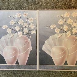  2 Two Vintage 1980s Flowers Poster Vase PostModern Pomo Art Deco Pink 1985 COMES IN THEIR ORIGINAL MATCHING PINK FRAMES HOWEVER THERE IS NO GLASS! SE