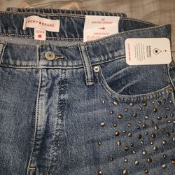 Lucky Brand Womens 12/31A  High Rise Straight Denim Blue Jeans Embellish