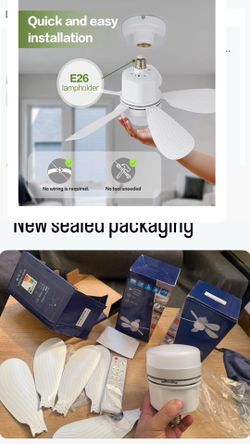 Socket Fan Light with Remote Control, Portable Small Ceiling Fan with Lights for Bedroom, Kitchen, Living Room, with Dimming Function,    New sealed p