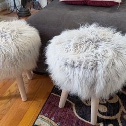 Two Faux Fur Greyish Stool Ottomans 