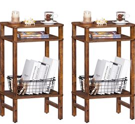 Brown Side Table End Table Tall Night Stand 3-Tier 2 Pack for Living Room Bedroom Bathroom Office Furniture