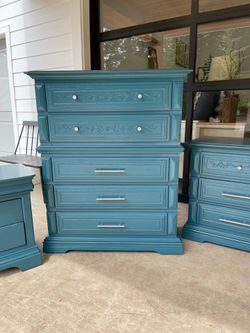 Hi boy, tall dresser, turquoise and solid oak