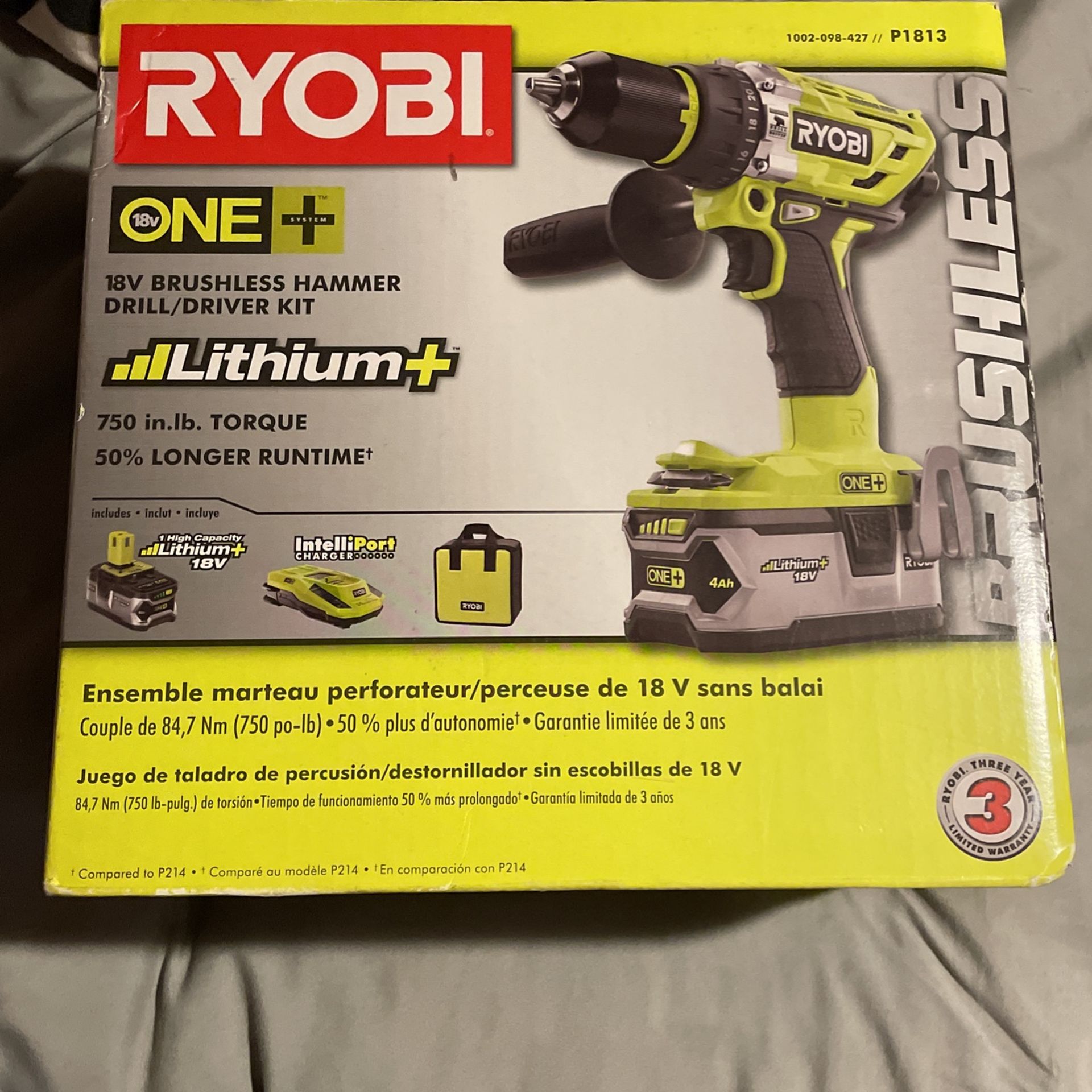 New In Box Ryobi 18 V Brushless Hammer -Drill Driver Kit