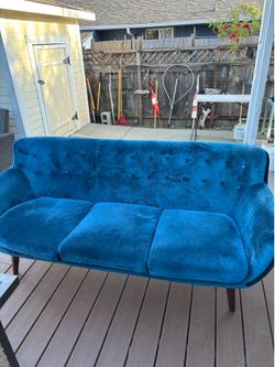 Blue Velvet Tufted Sofa with Wood Legs