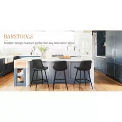 LUE BONA 24" Black Faux Leather Low Back Bar Stools - Set of 3