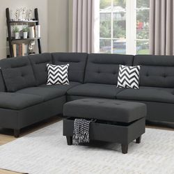 Sectional W Ottoman Charcoal Or Black Fabric, Solid Wood, Others. 104"x77"x37:h. New. Especial Price 