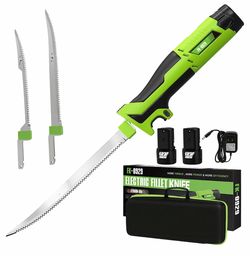 12V Cordless Electric Fillet Knife, 8" Flexible & 10" Rigid Blades for fish With 2 Rechargeable Batteries, 1.5H Fast Charger, Safety Lock,Non-Slip Han