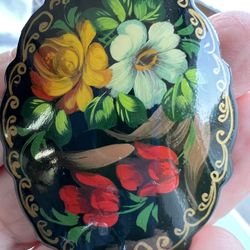 Beautiful Russian Wooden Hand Painted Brooch