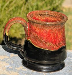 Signed 2022 Deneen Pottery 12 oz Footed Ceramic Mug ...Black Glaze w/Sunshine Red Drip