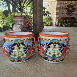 Orange Rim Talavera Clay Pots, Planters,Plants, Pottery $55 cada uno.