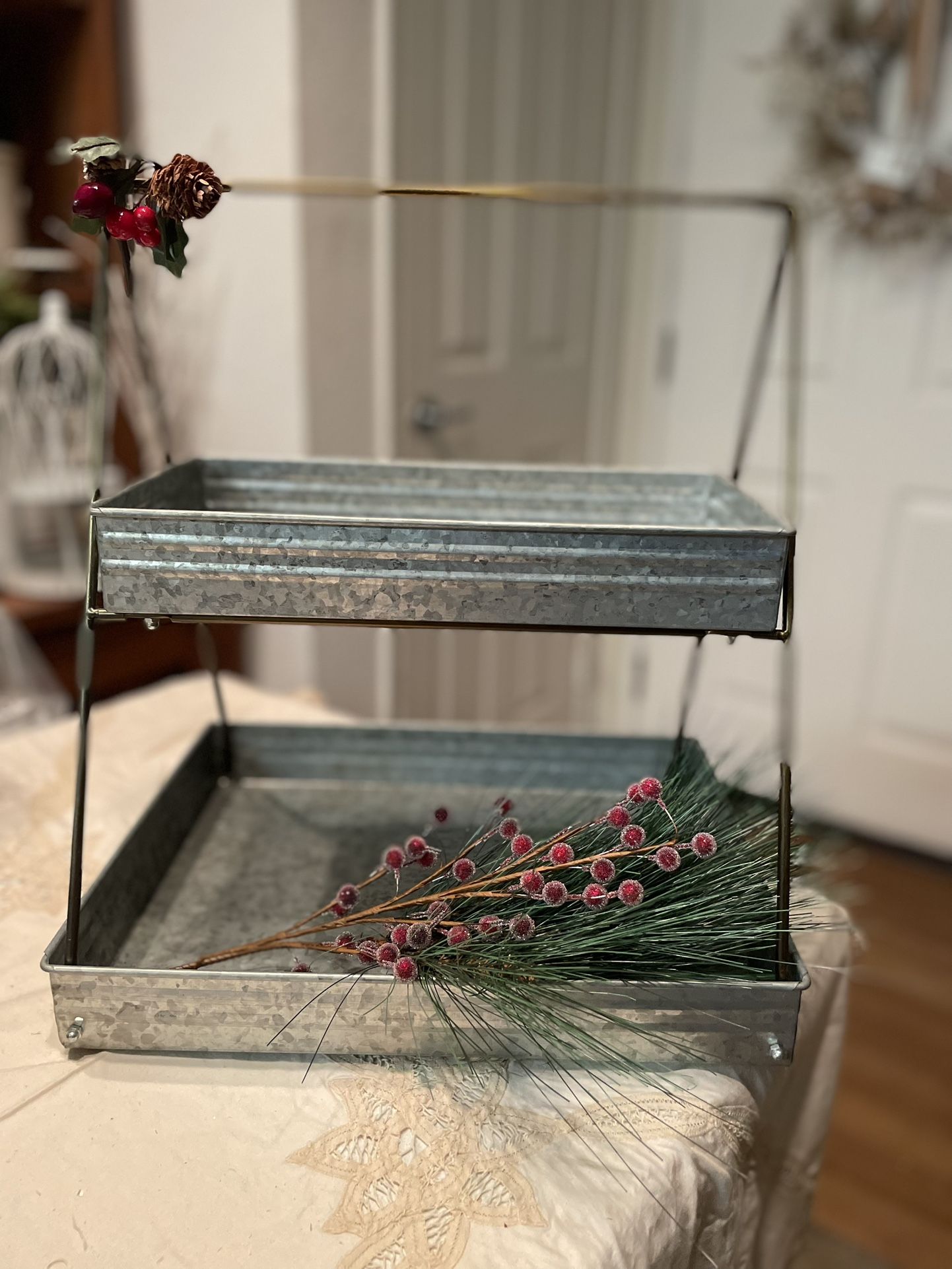 Galvanized Tiered Tray With Gold Handles