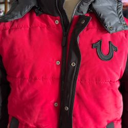 True Religion Men's Red and Black Hooded puffer Jacket