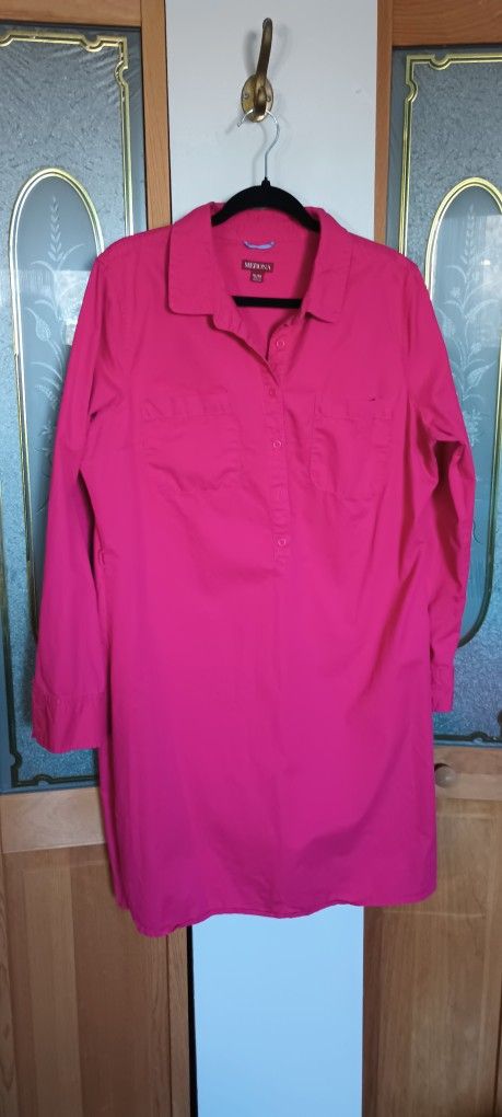 Merona XL Hot Pink  Shirt Dress Women Tunic 3/4 Buttons Long Sleeve Pockets 