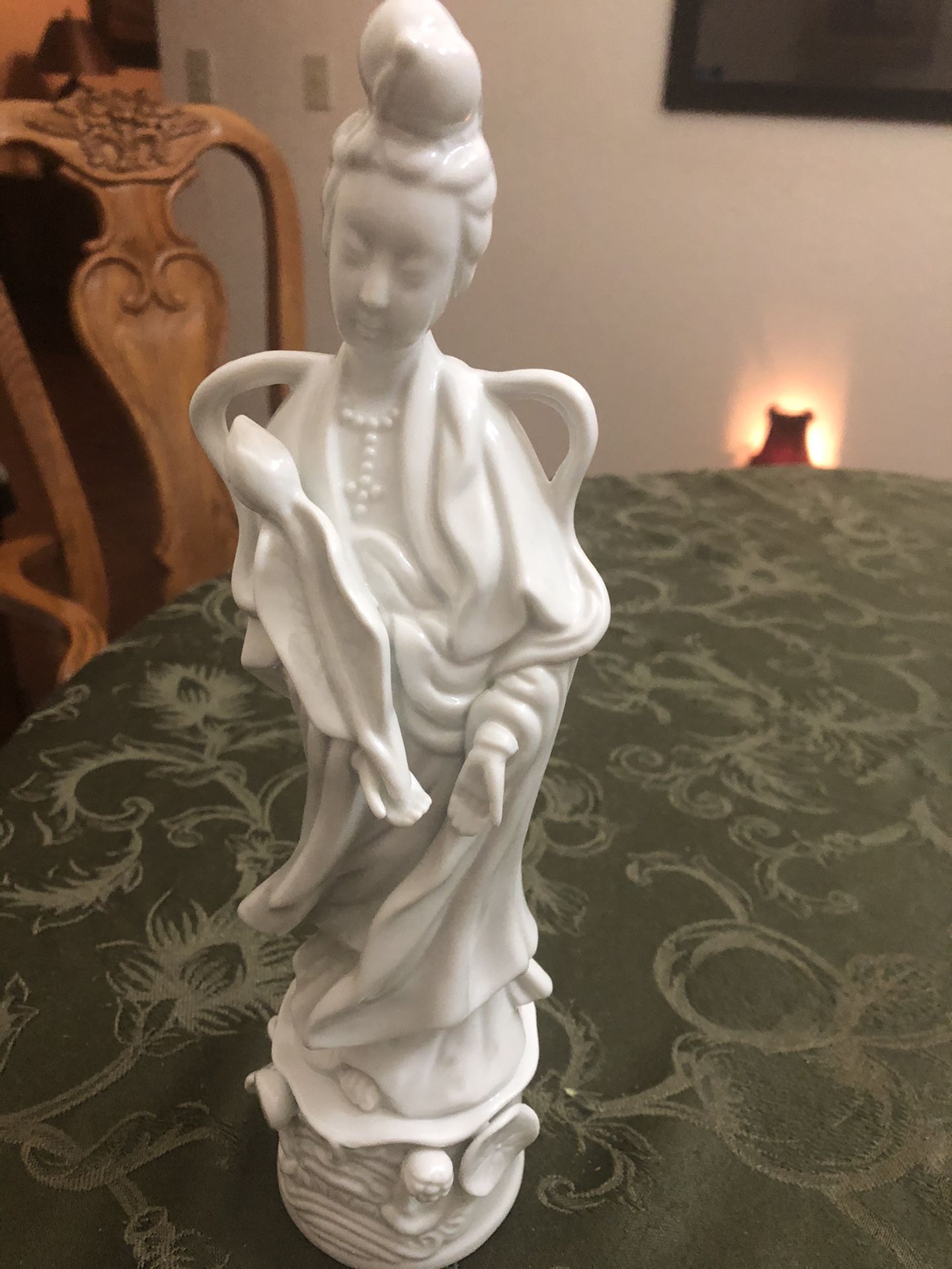 White porcelain statue figurine numbered w/crossed bows mark on back 12”h