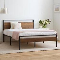 Nora Natural Full Metal and Wood Platform Bed Frame