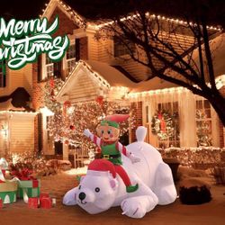 6FT Christmas Inflatable Polar Bear Outdoor Decoration Elf Outdoor Decorations Built-in LED Lights Perfect Yard, Party 
