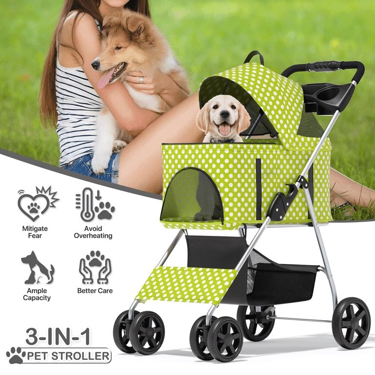 4 Wheel Foldable Dog Pet Stroller with Cup Holder, Lawn Green with White Polka Dots