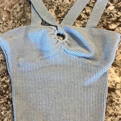 Lucy Paris Women's Ribbed O Ring Halter Top Blue Size Large Stretch Juniors Women’s