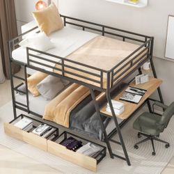2 Full Size Bunk Bed W/Drawers & Desk