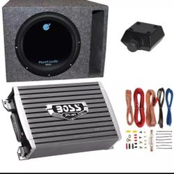 Planet Audio 1800-watt subwoofer, Boss 1500-watt amplifier with a remote and wiring kit, and a Q-Power enclosure.