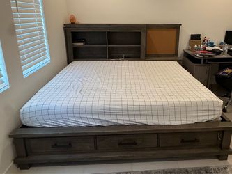 Full Platform Bed Frame with Storage and Bookcase Headboard