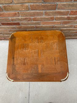 Wood Parquet Table with Brass Corner Accents