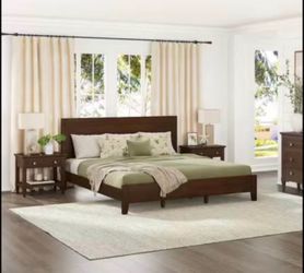 Lessio Dark Brown Mid-Century 13.7 in. Solid Wood Frame King Platform Bed with Wooden Slats, Headboa