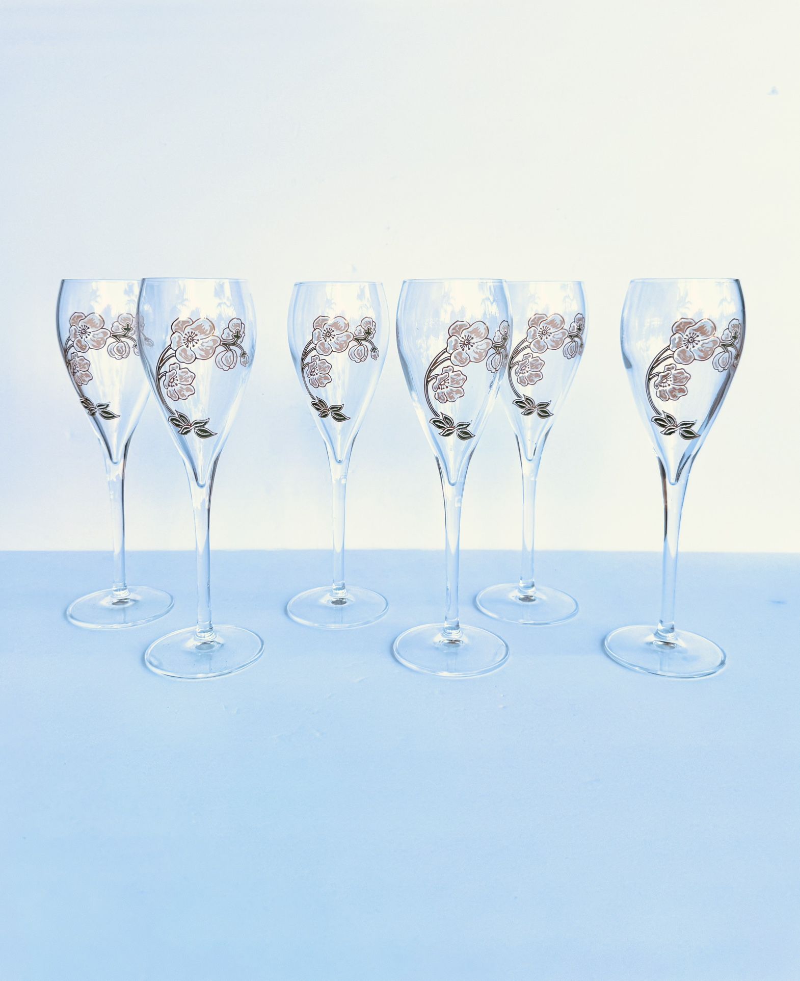 Special Edition Set of 6 LEHMAN Crystal Champagne Flutes for Perrier-Jouët.