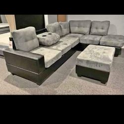 Reversible Grey Fabric Sectional Sofa With Storage Ottoman!! Brand New!!