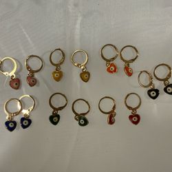 Set of 7 Heart Evil Eye Dangle Earrings