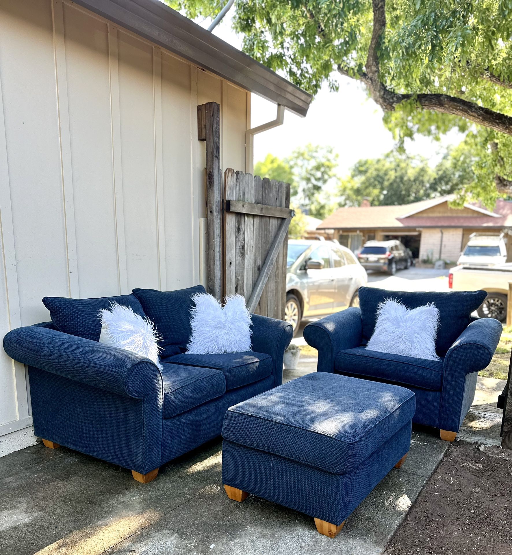 Blue Sofa, Chair & Ottoman Set โ FREE Delivery