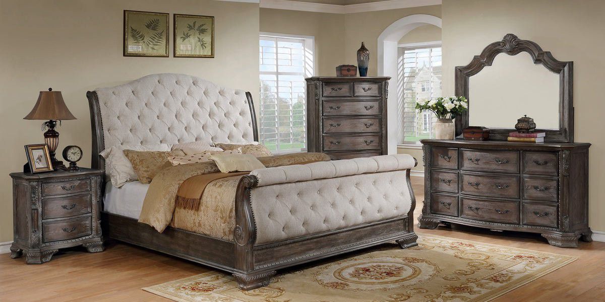 Hot Deal 🔥 special Price 🎆SHEFFIELD ANTIQUE GRAY UPHOLSTERED SLEIGH BEDROOM SET