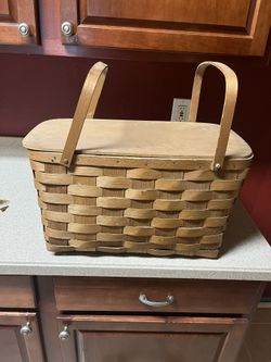 Vintage Large Wood Woven Picnic Basket Basketville Putney Vermont Double Handle