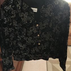 New Woman’s Black Velvet Jacket/Top With Silver Glitter Design Size 12