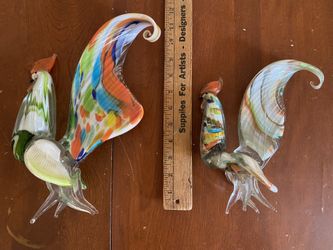 2 Vintage Hand Blown Glass Roosters