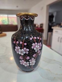 Vintage Chinese Cloisonne Vase Black Floral Peony Brass Enamel 7in