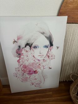 Large Watercolor Woman with Roses Bees  Print