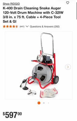 Shop RIDGID K-400 Drain Cleaning Snake Auger 120-Volt Drum Machine with C-32IW 3/8 in. x 75 ft. Cable + 4-Piece Tool Set & GI