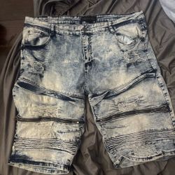 Encrypted Distressed Moto Denim Shorts