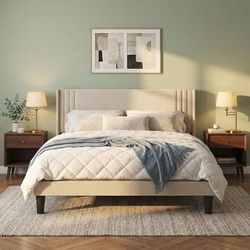 Full Bed Frame with Wingback Headboard, Upholstered Platform Bed