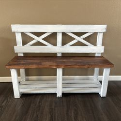 💜 Backrest bench farmhouse rustic distressed farm style dining hallway entryway mud room porch